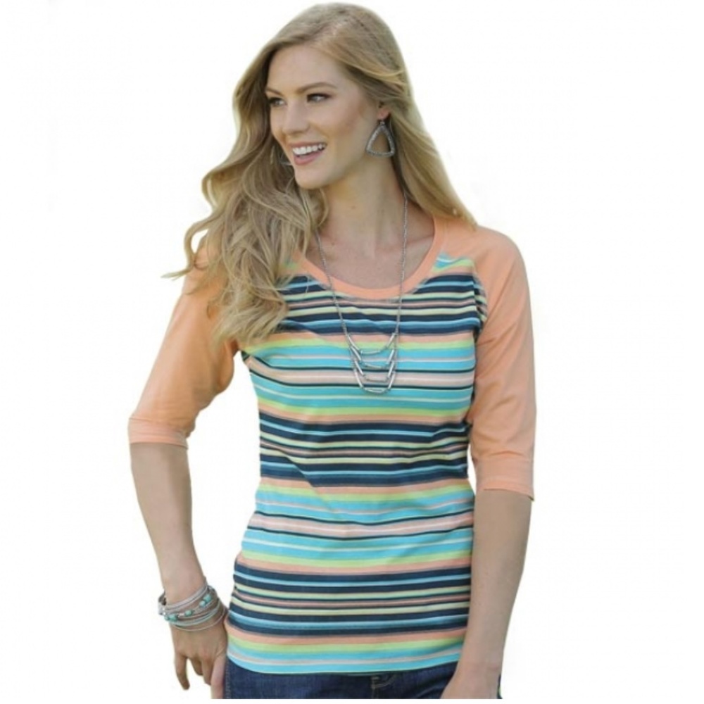 Cruel Girl Coral Striped All-Over Tee Cotton Medium Top Shirt Riding Western EXC